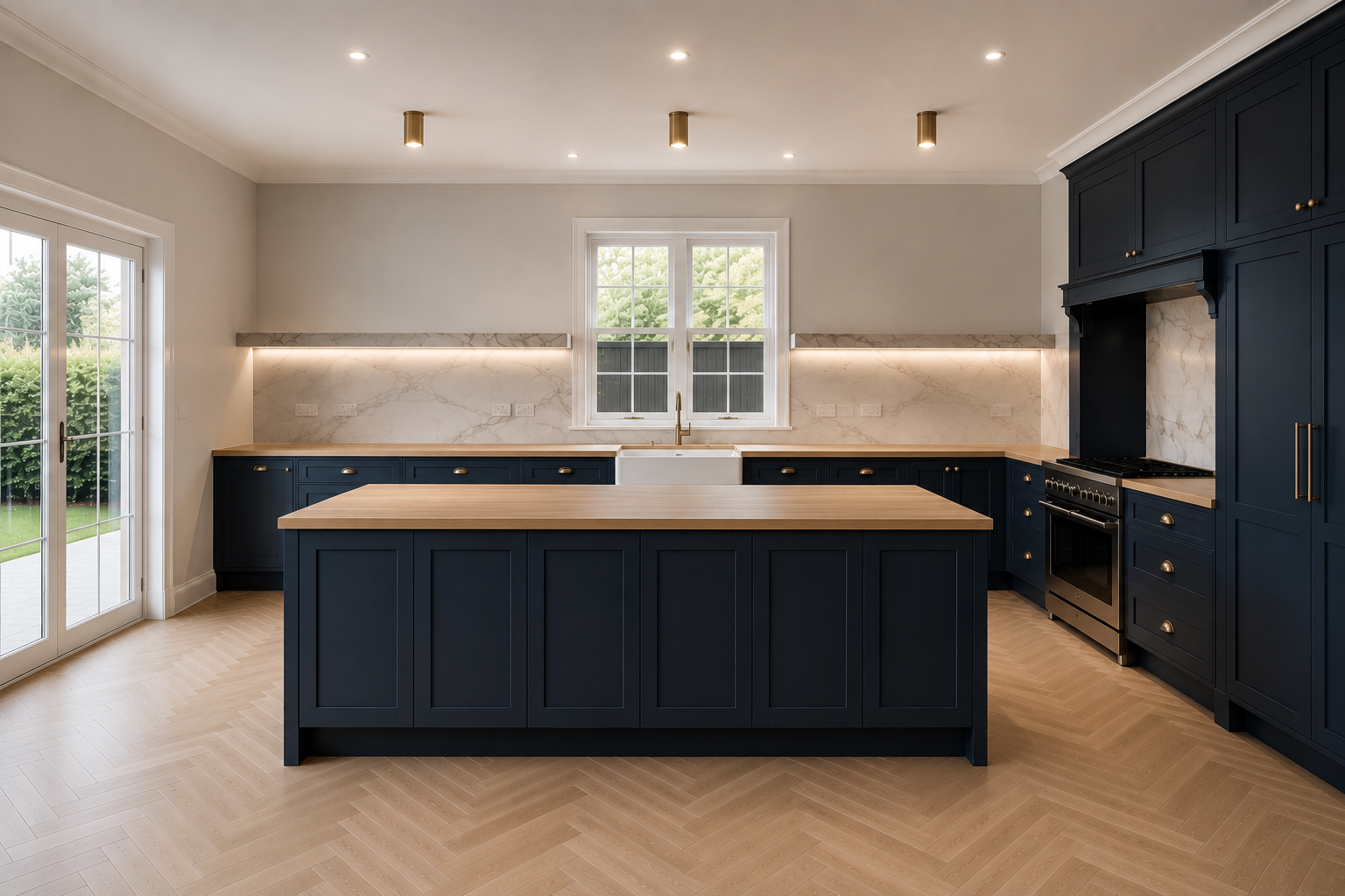 Custom kitchen in Melbourne with navy cabinetry, timber island benchtop and stone splashback