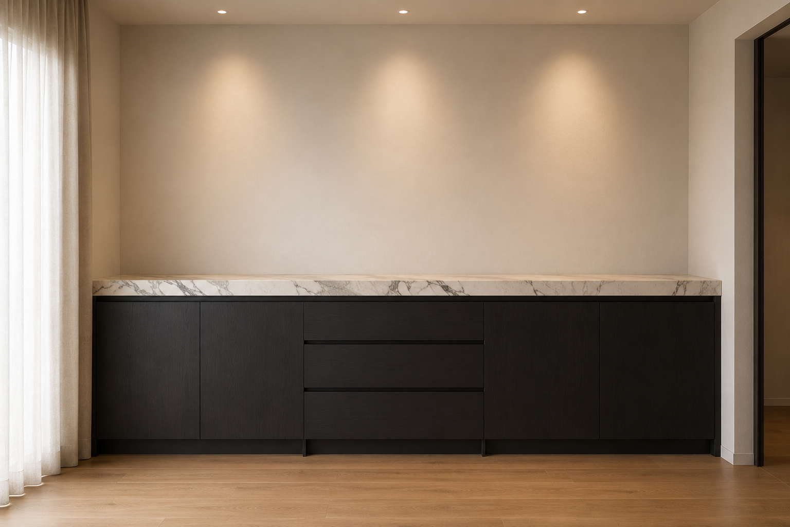 Low custom cabinetry with marble benchtop