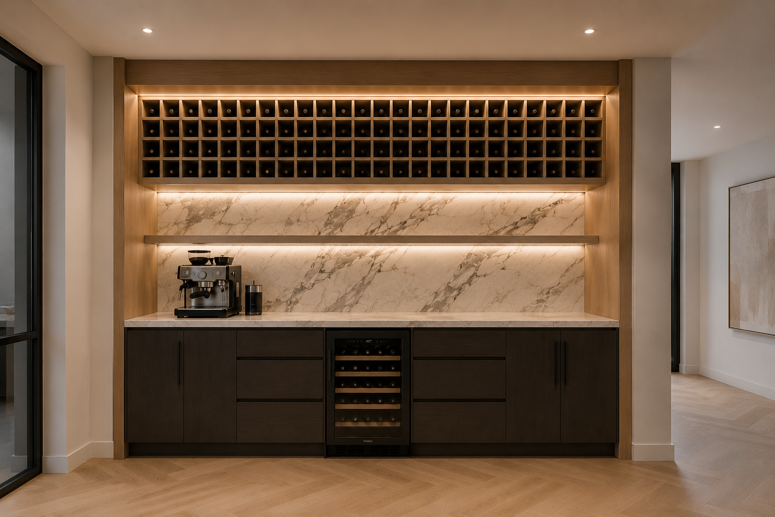 Custom wine bar cabinetry with warm lighting