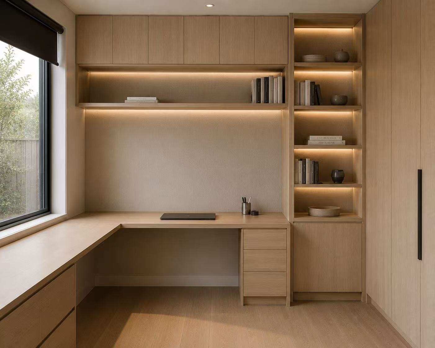 Custom study joinery with timber shelving