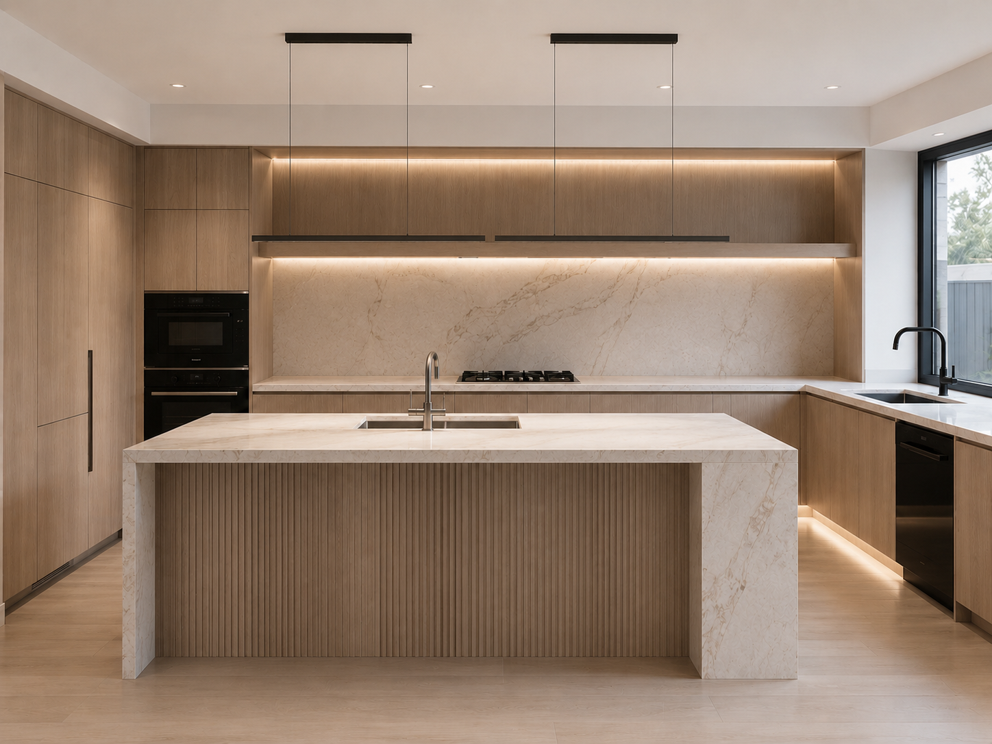 Light oak custom kitchen with marble-look island and integrated lighting
