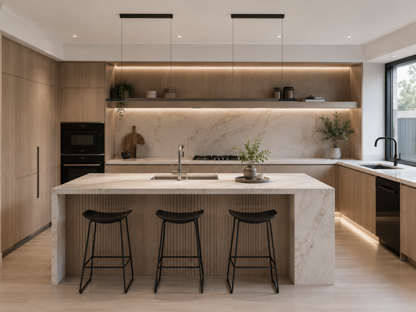 Light oak kitchen with marble-look island