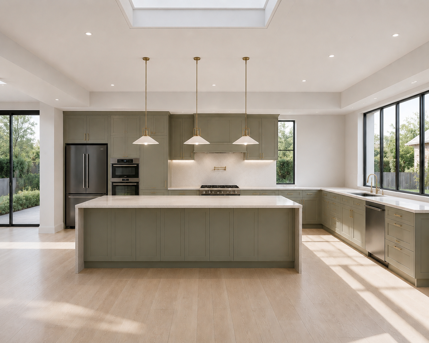 Sage green custom kitchen with large island and pendant lighting