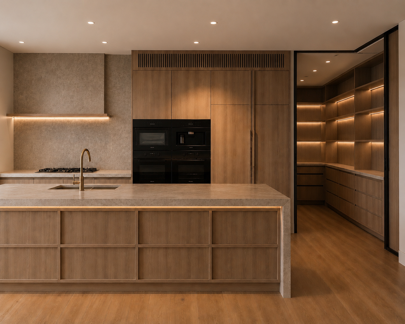 Warm timber kitchen with pantry joinery and integrated lighting