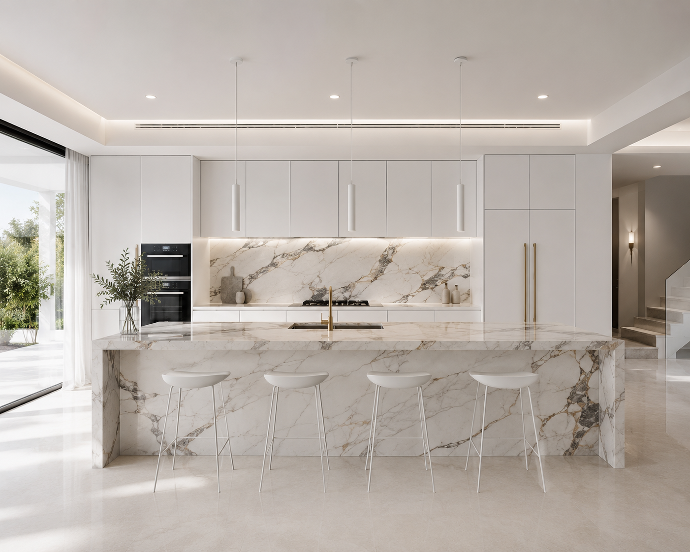 White stone kitchen with integrated cabinetry