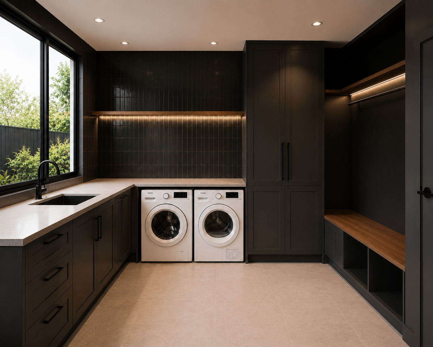 Dark laundry cabinetry with mudroom bench and integrated storage
