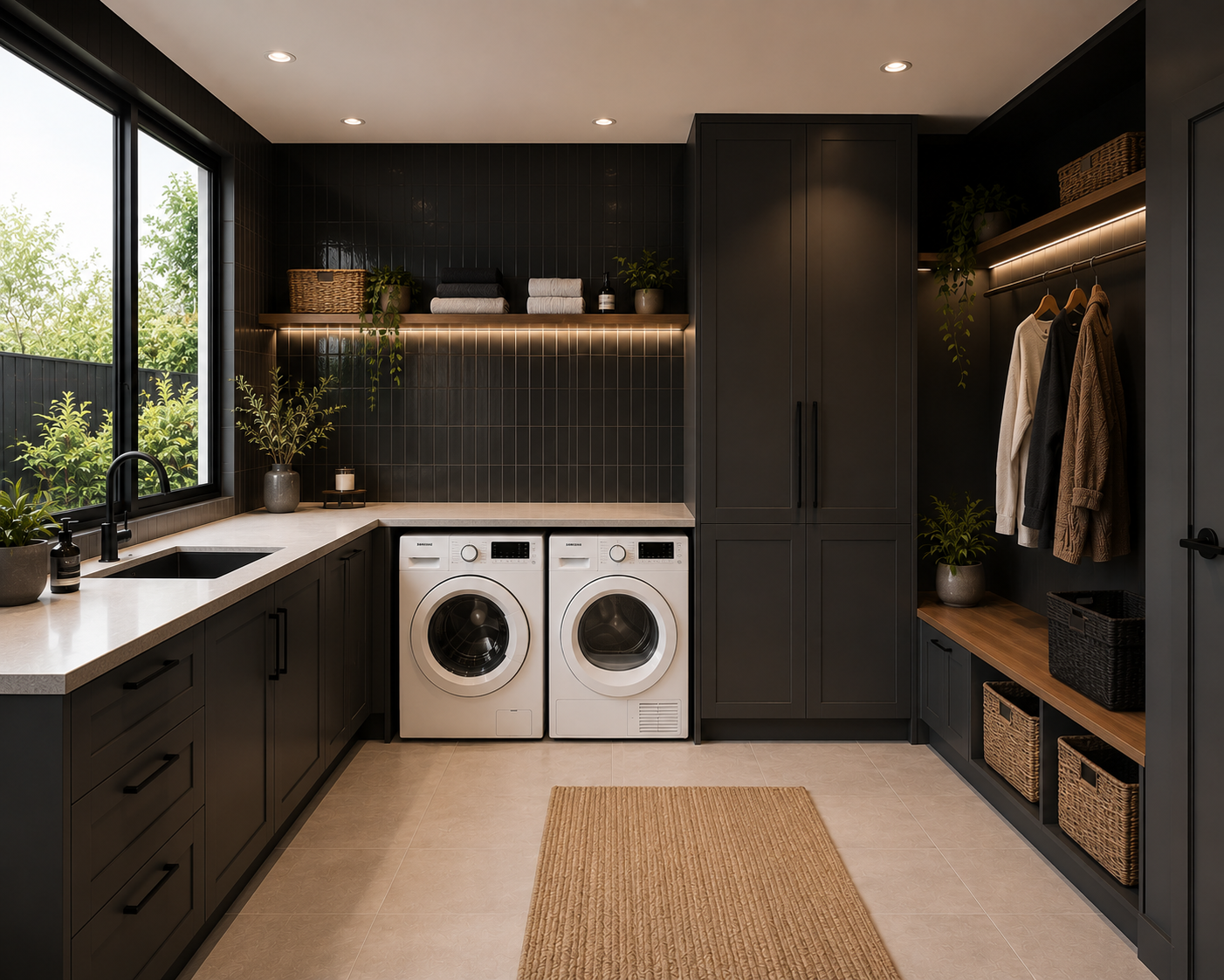 Dark laundry cabinetry and storage