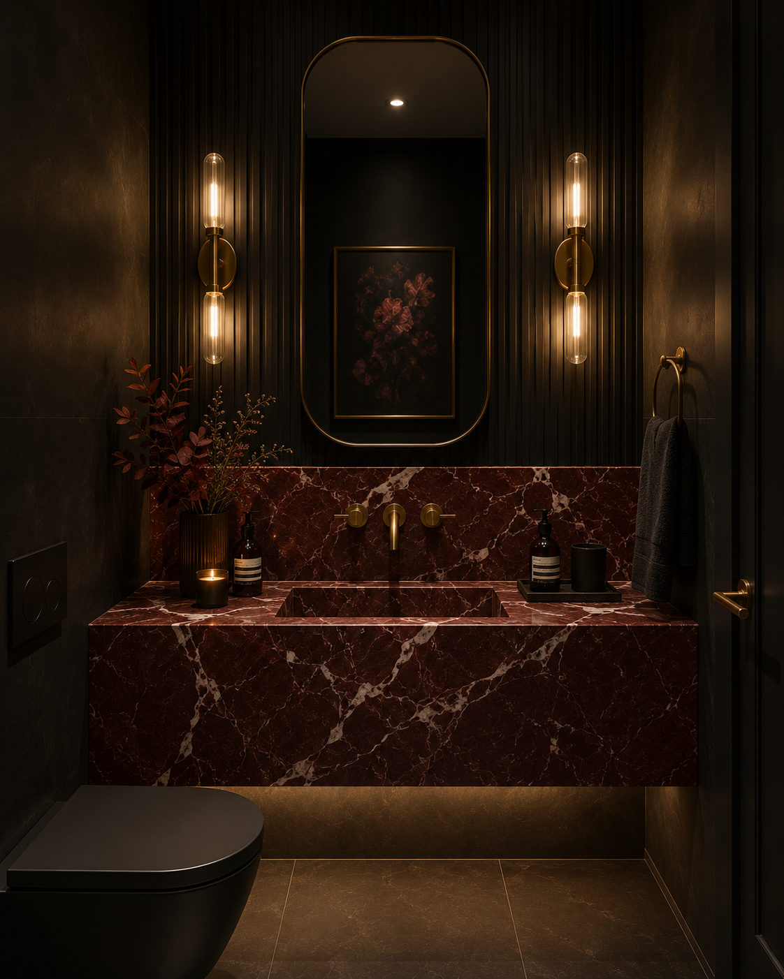 Dark stone vanity with brass details