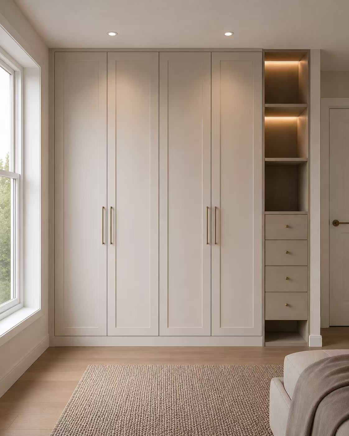 Soft neutral custom wardrobe with open shelving and drawers
