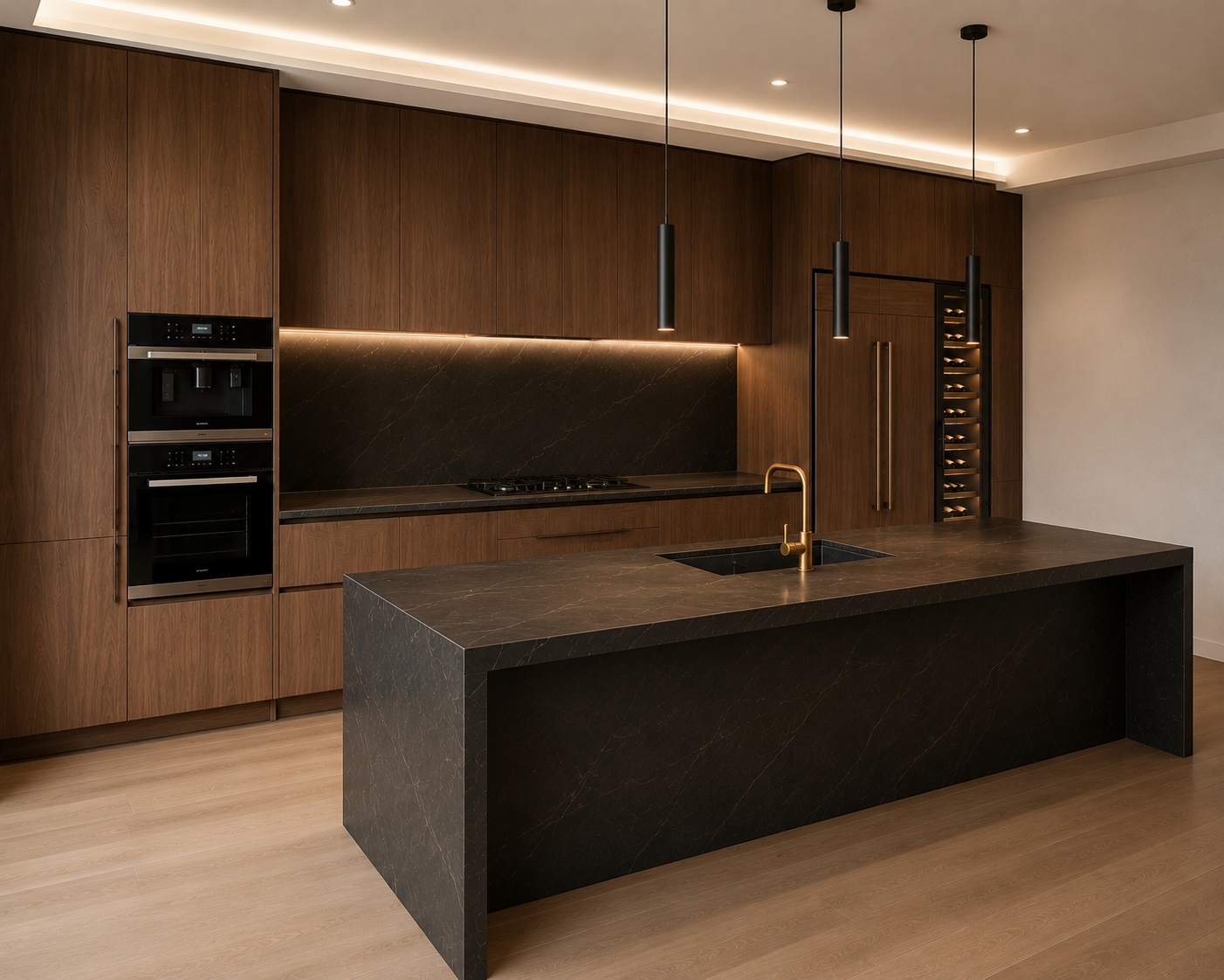 Dark timber custom kitchen with black stone island and wine cabinet