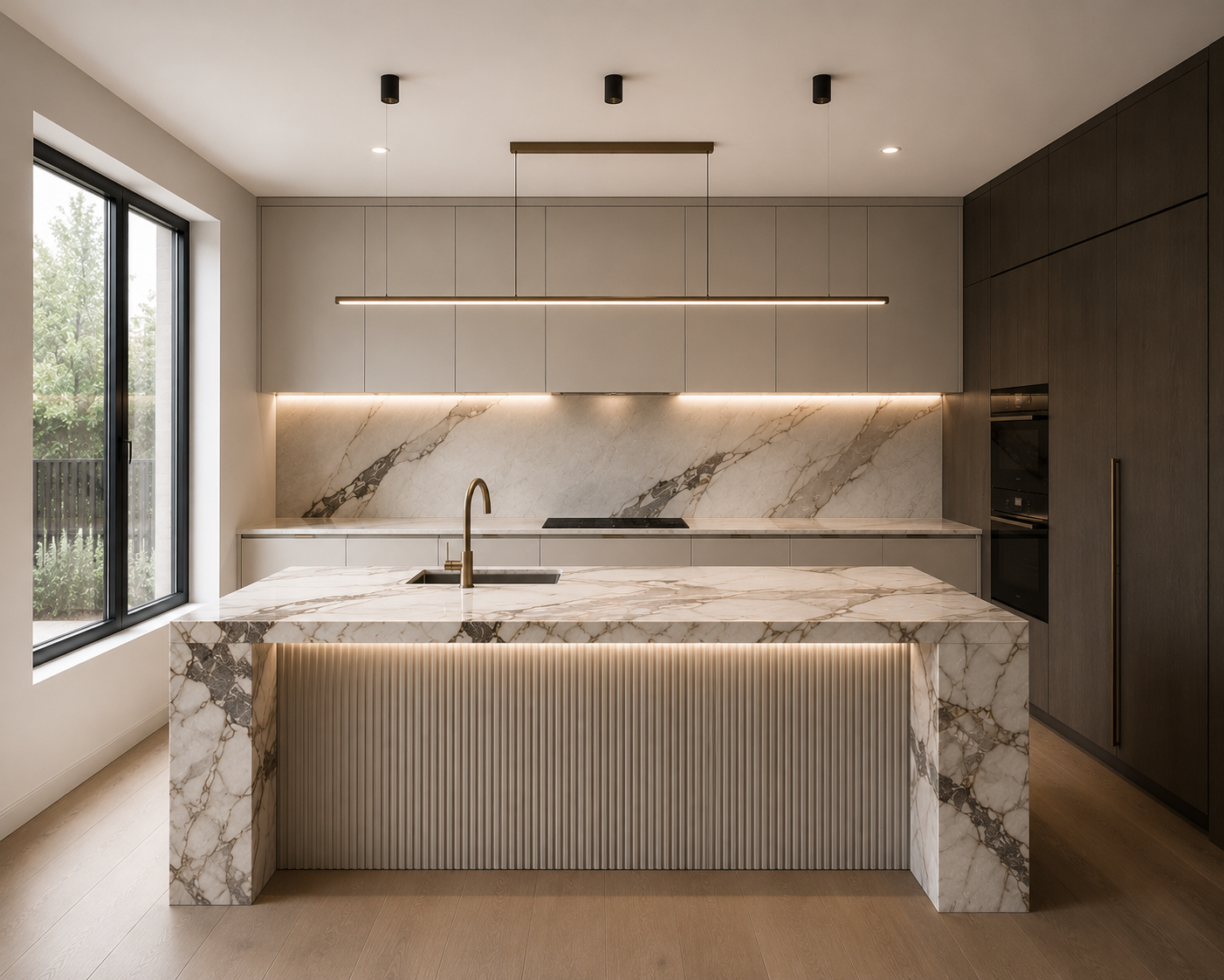 Stone island kitchen with integrated lighting