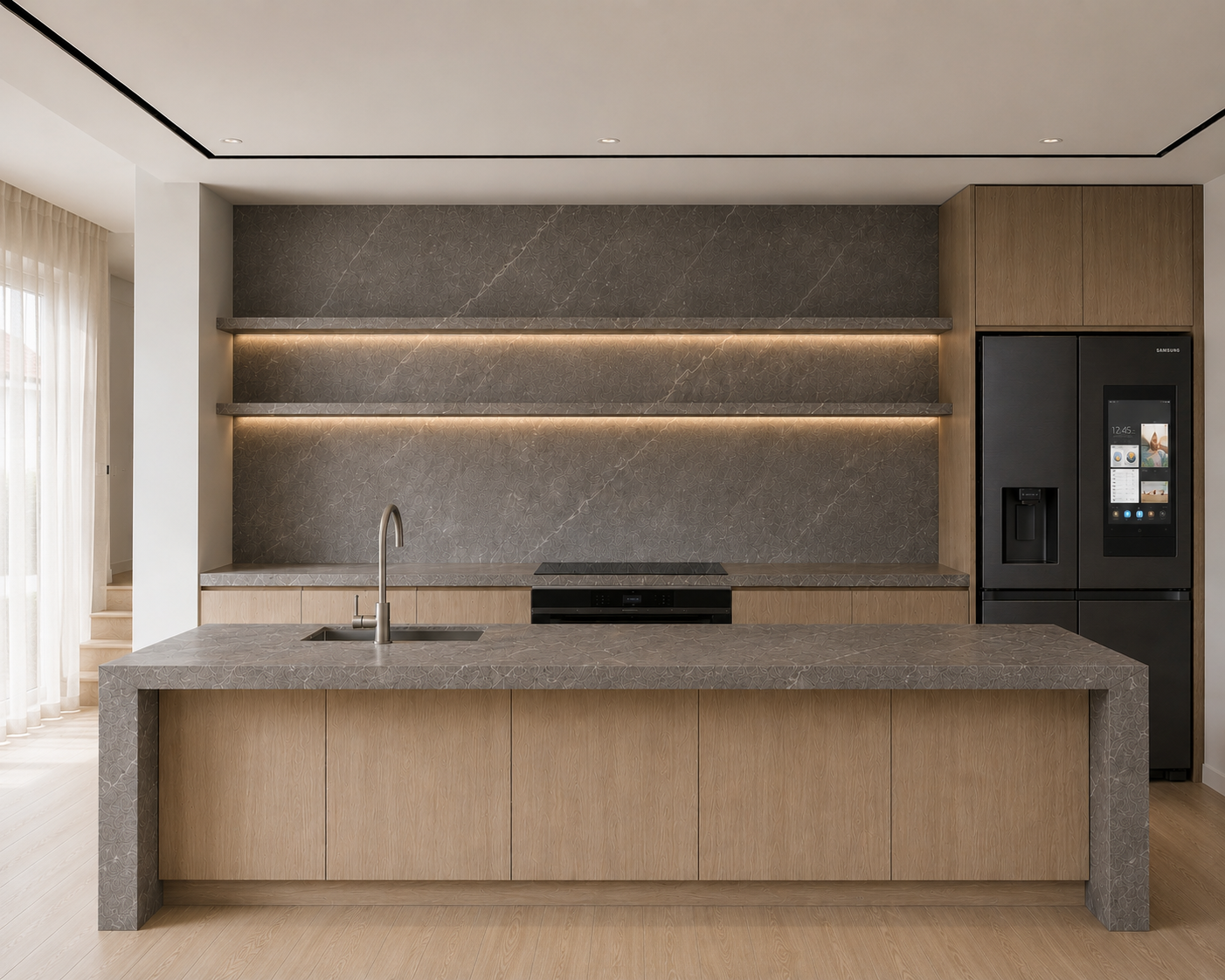 Warm timber custom kitchen with grey stone benchtops and illuminated open shelving