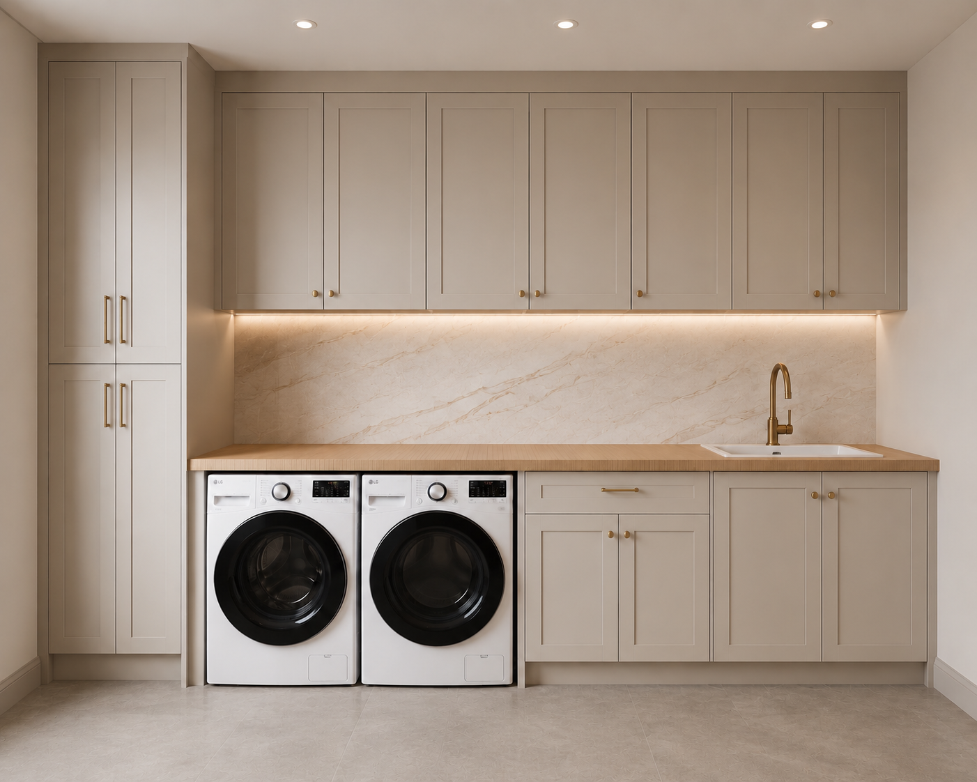 Beige modern laundry with timber benchtop