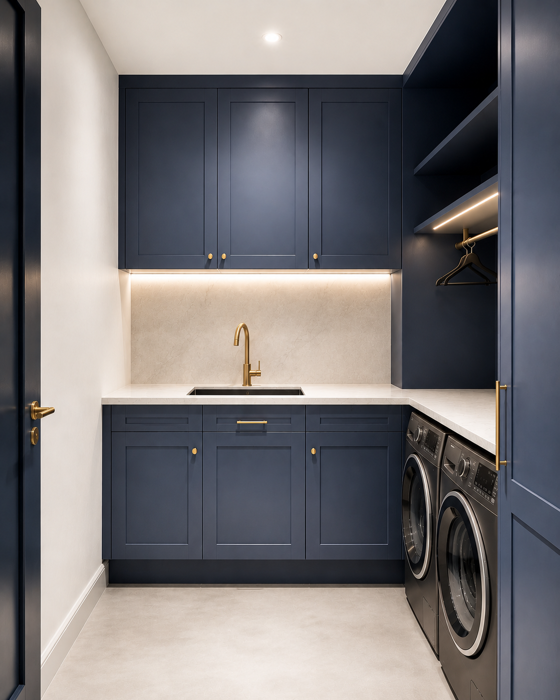 Blue laundry cabinetry with brass details