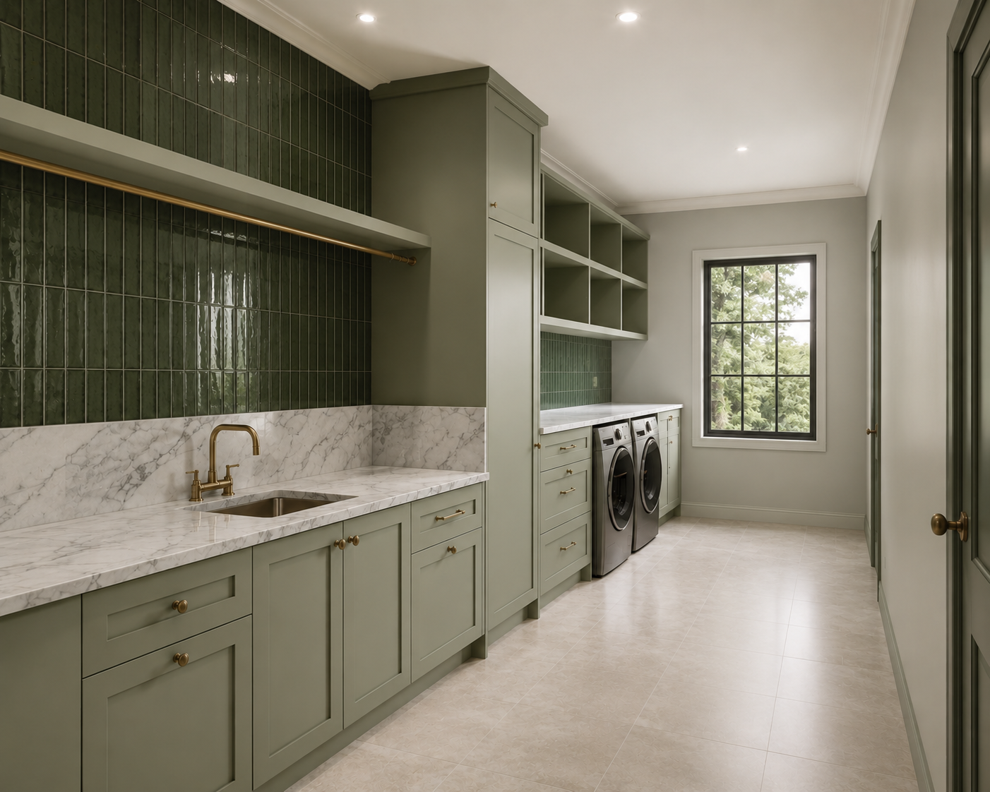 Sage green laundry cabinetry with marble benchtop and green tile splashback