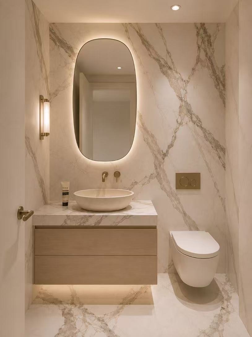 Custom bathroom vanity with marble wall and warm lighting