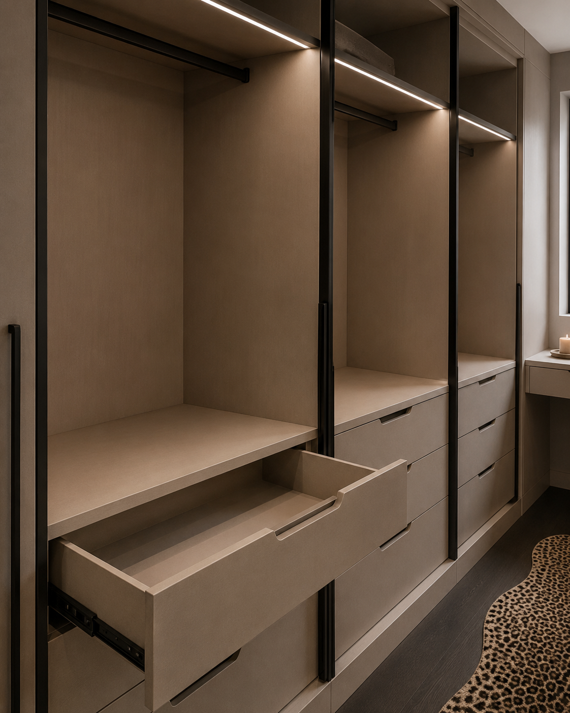 Detailed wardrobe drawers, hanging rails and integrated lighting