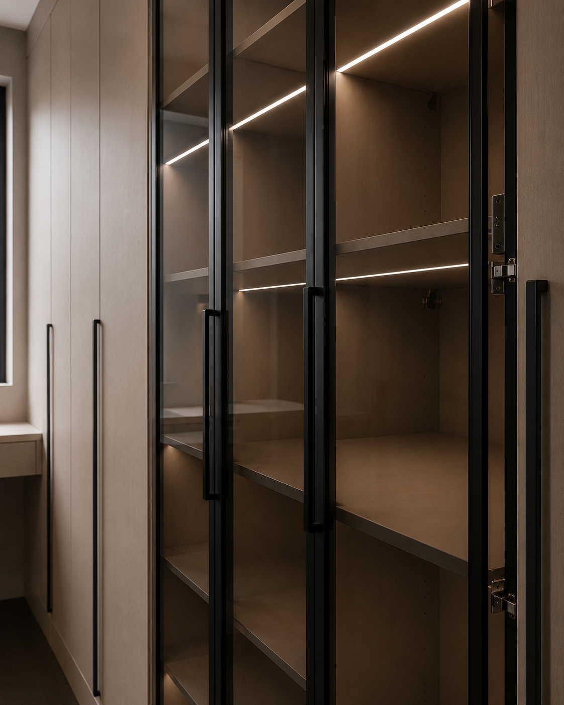 Wardrobe glass doors, black frames and illuminated shelving