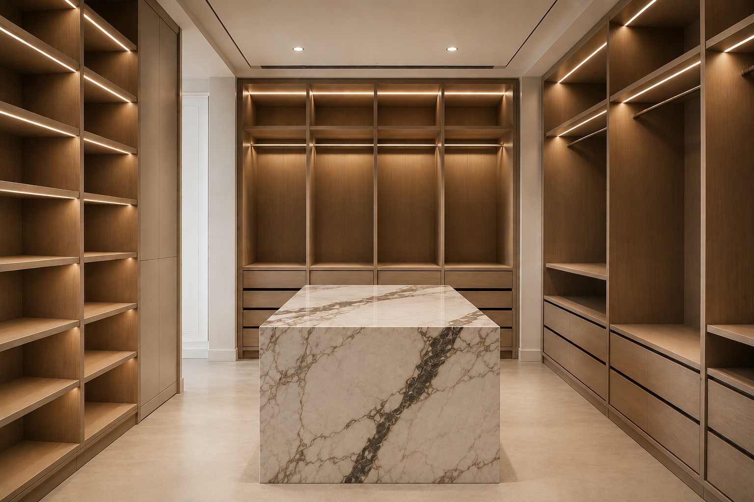 Walk-in wardrobe with marble island and open shelving