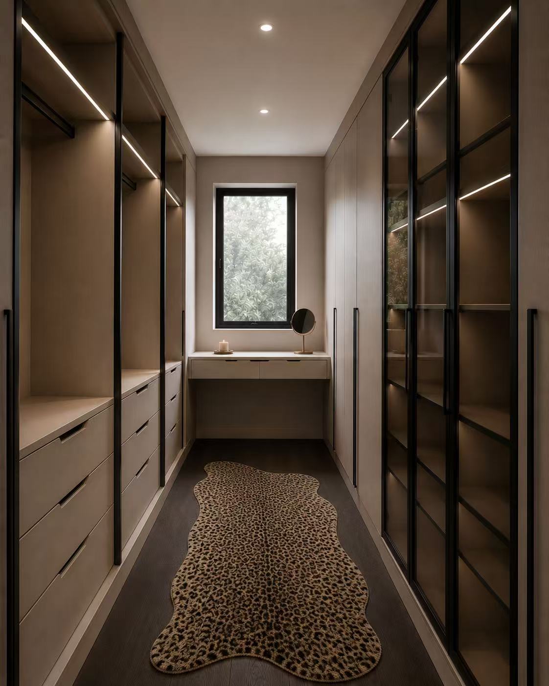 Walk-in wardrobe with glass doors and lighting