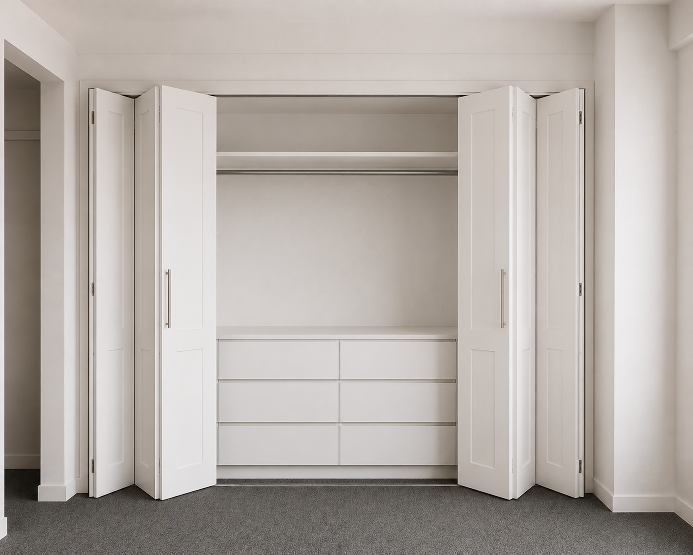 White built-in wardrobe with open bi-fold doors, hanging rail and internal drawers