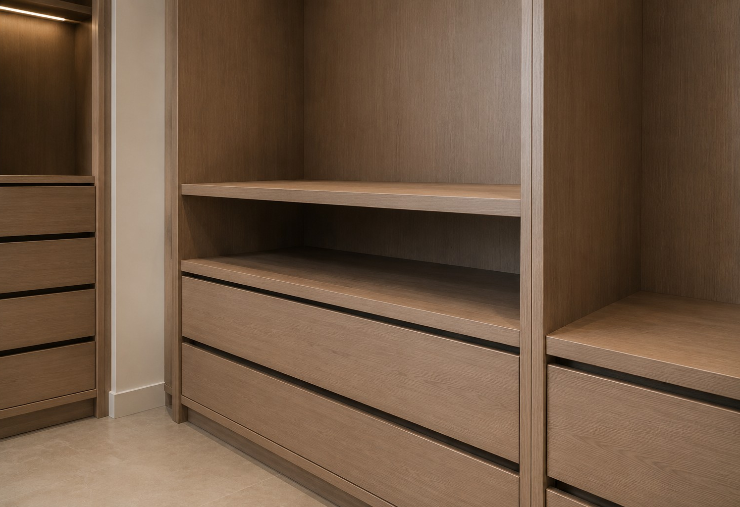 Walk-in wardrobe drawer and hanging storage detail