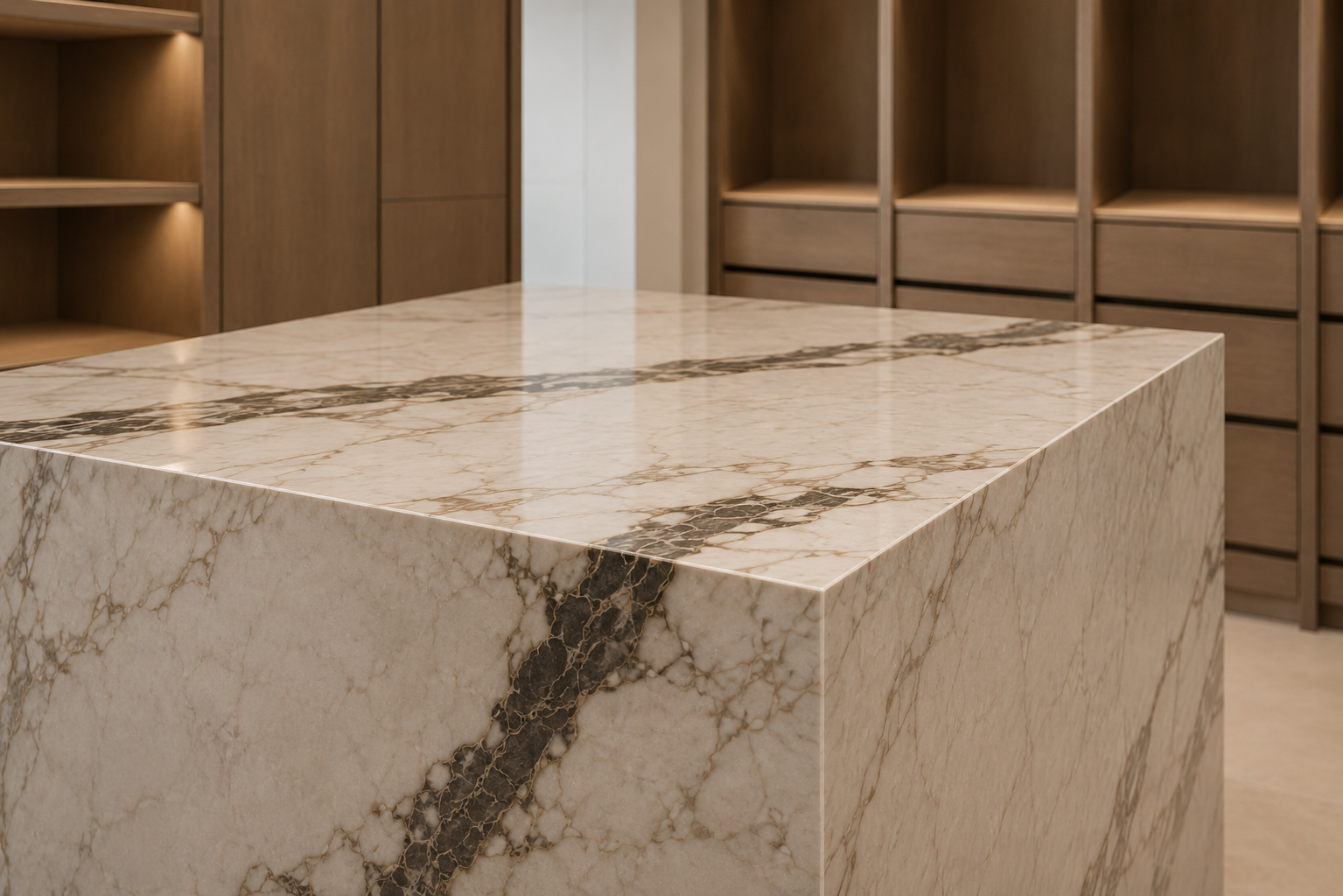 Walk-in wardrobe marble island detail